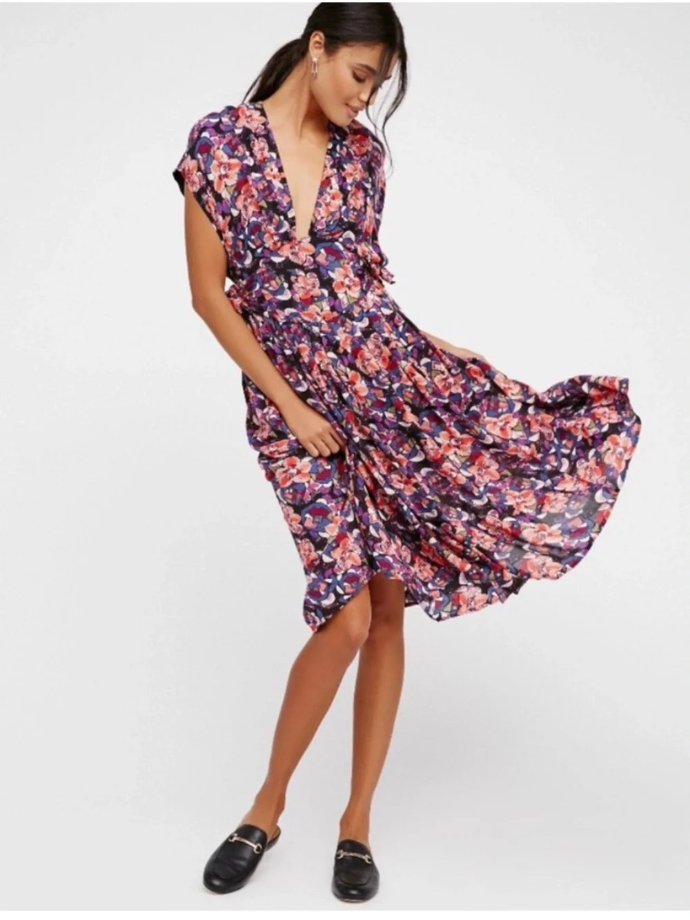 Free People Fitting in Floral Midi V-Neck Dress Small